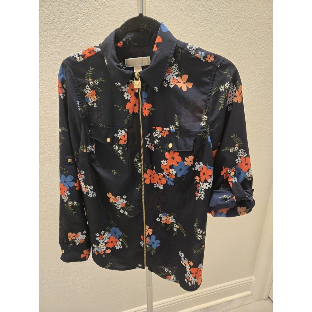 Michael Kors Size M Full Zip Floral Design Rolled Sleeves Gold-Tone Snap Pockets